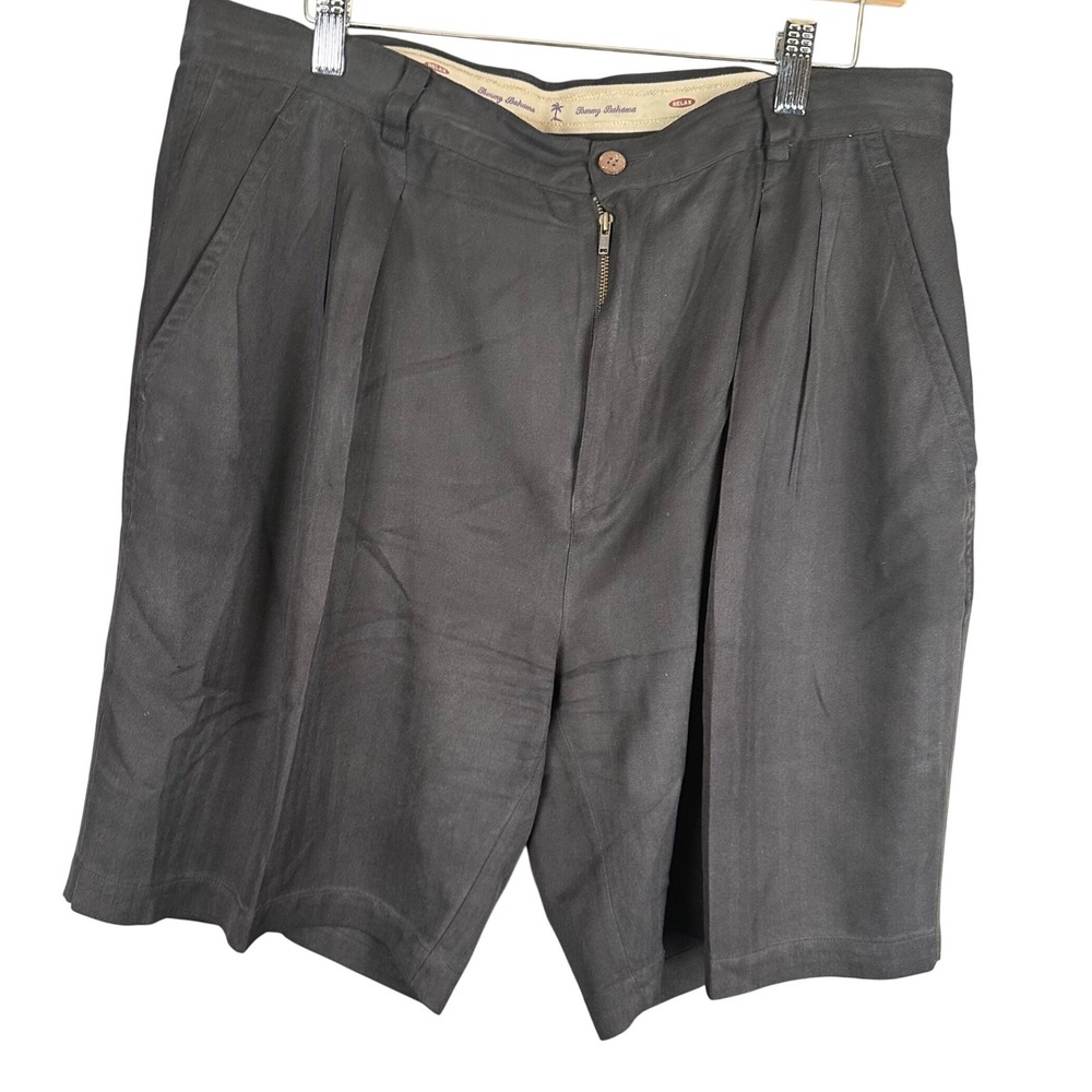 Tommy Bahama Relax Mens 36 Black 100% Silk Pleated Walking Shorts Palm Tree Logo